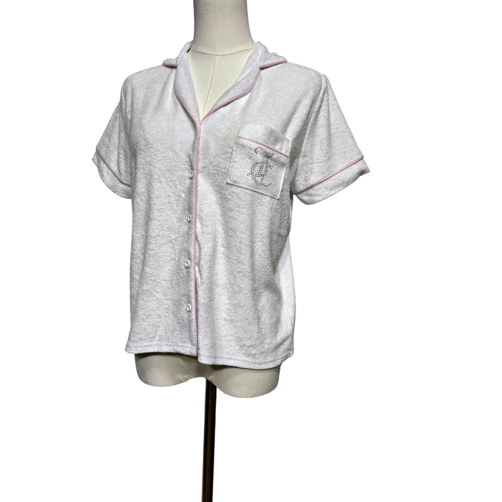 Juicy Couture Shirt Womens Small White Pink‎ Terry Short Sleeve Pajama Top Bling